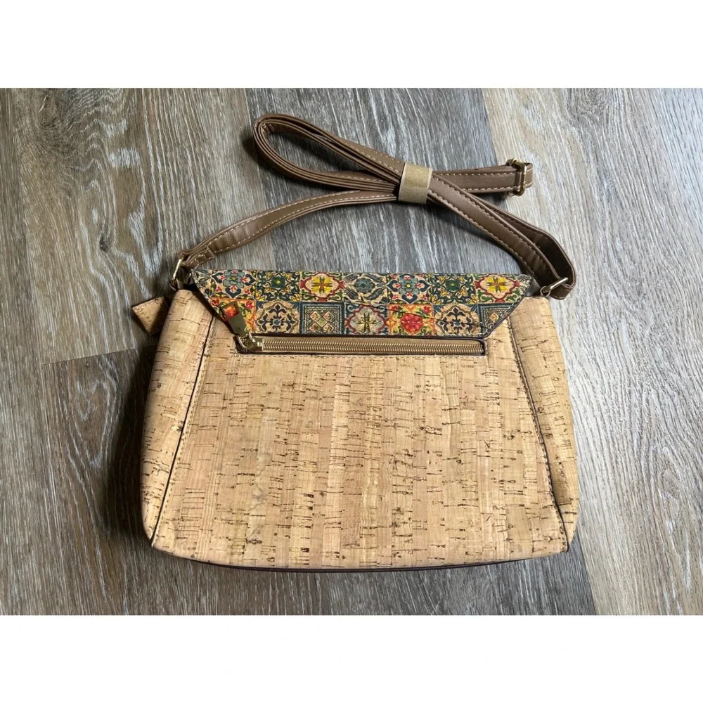 Cork Crossbody Bag Womens Medium Tan Tile‎ Print Mediterranean Boho